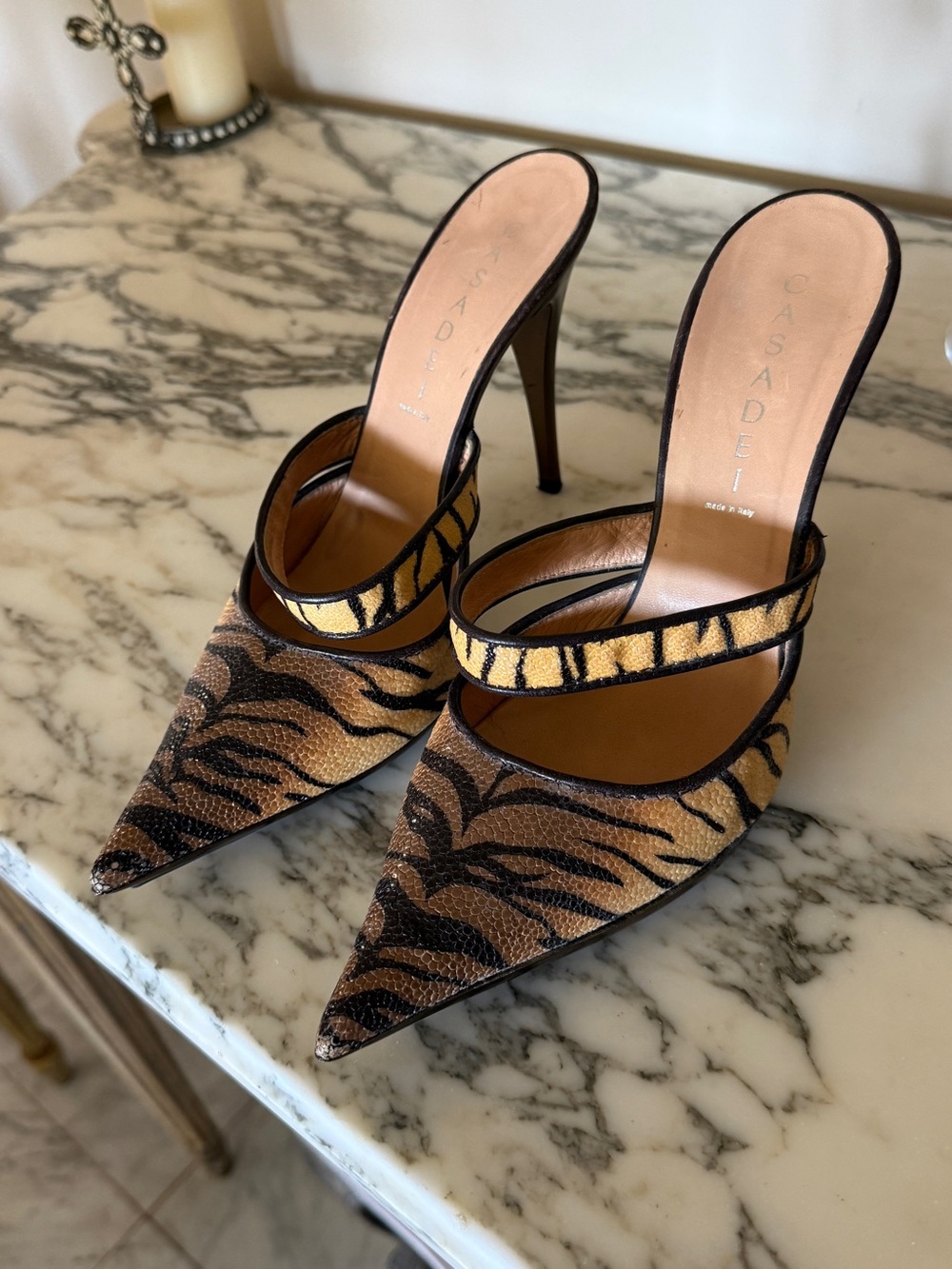Vintage Casadei Women's Tiger-Print Pointed Toe Mules in Brown/Black